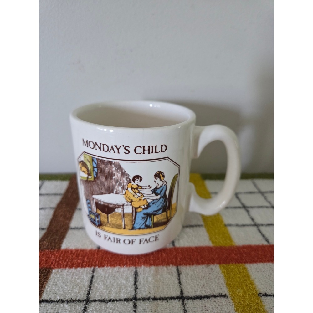 Vintage Mondays Child Is Fair of Face Ceramic Coffee Mug Nursery Rhyme White